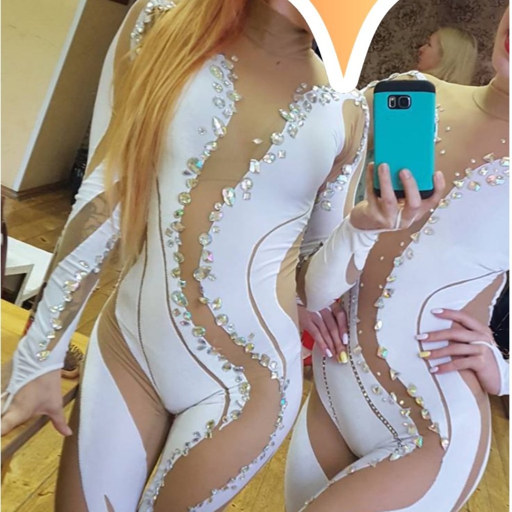 Aerial White Unitard with Rhinstones